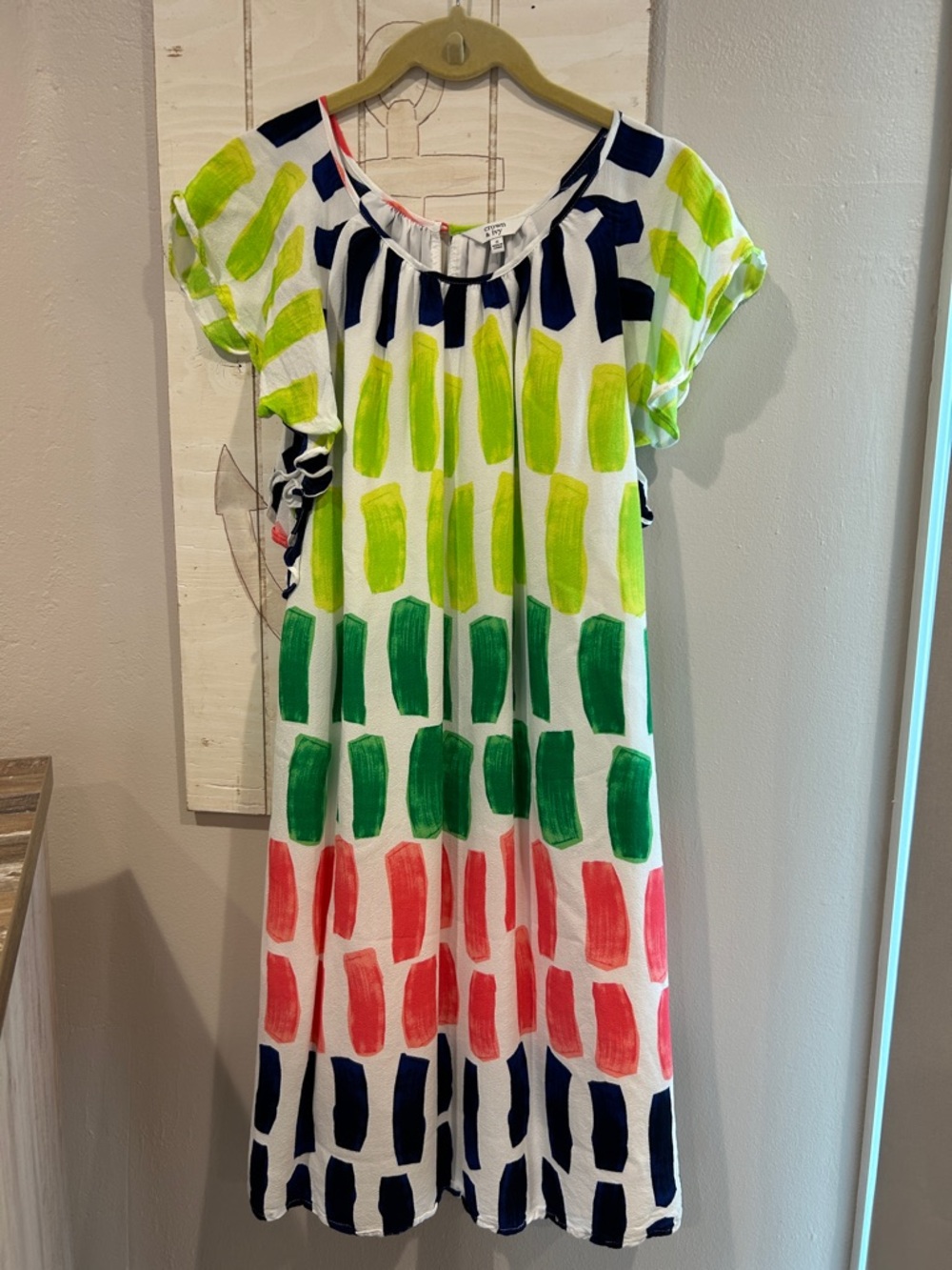 crown & ivy Women’s Brushstroke Pattern Dress - White, Lime, Green, Coral & Navy